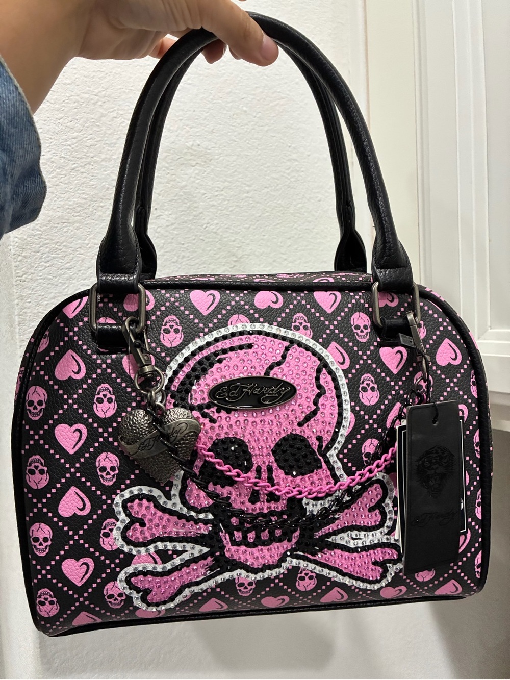 Ed Hardy Black & Pink Skull Satchel with Heart Pattern and Charm